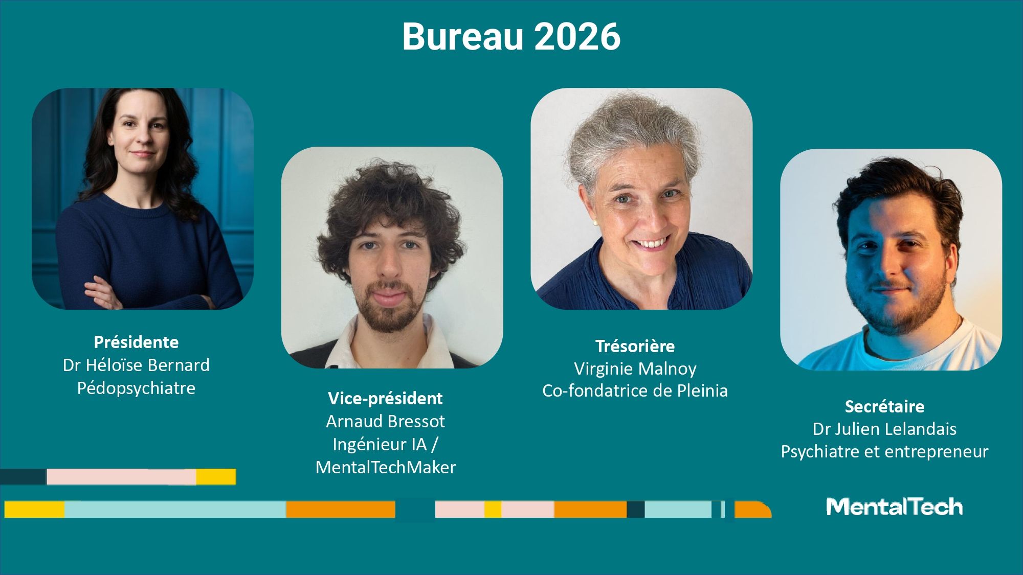 Bureau 2026 du Collectif MentalTech : Dr Héloïse Bernard, Arnaud Bressot, Virginie Malnoy, Dr Julien Lelandais